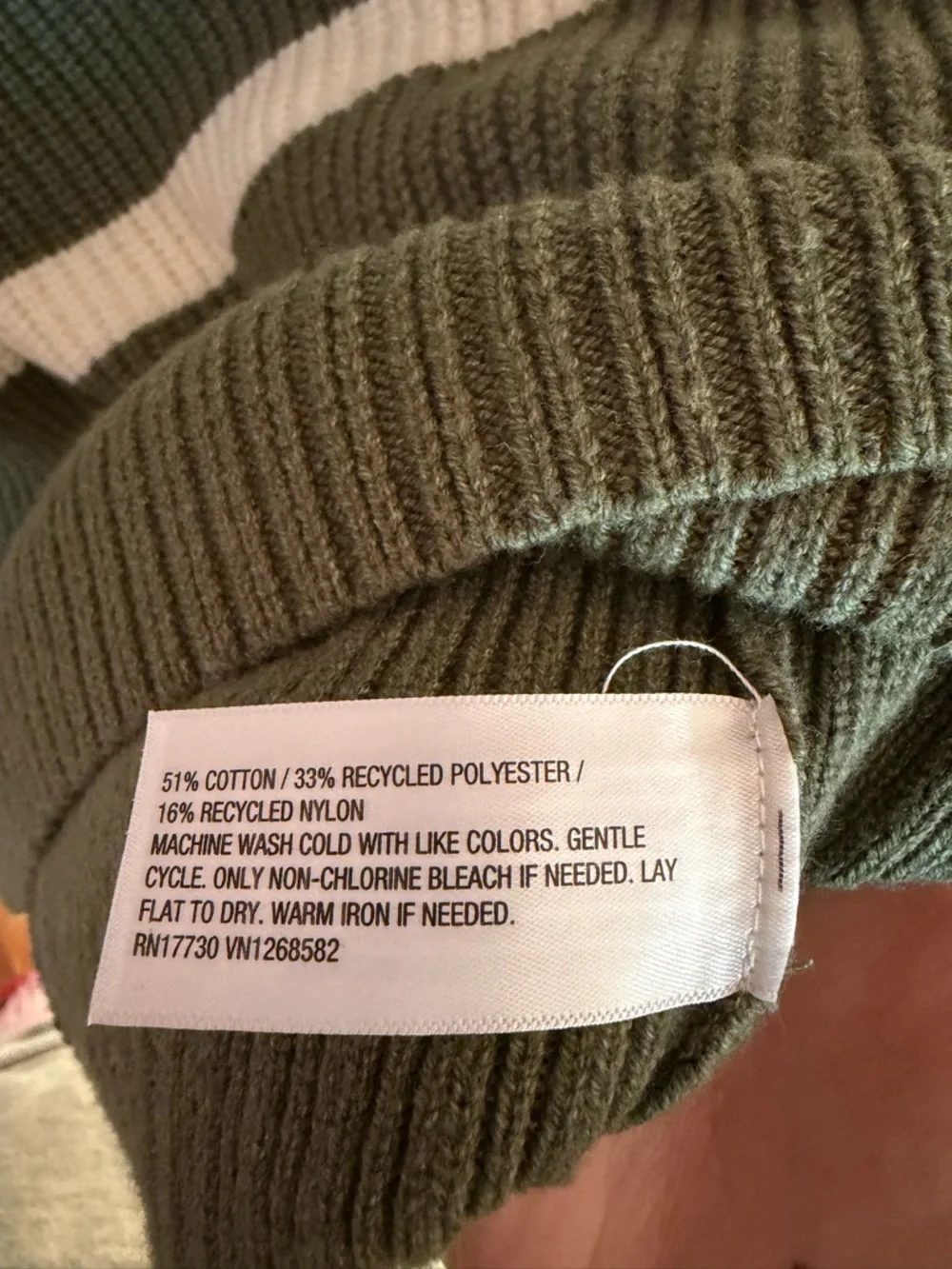 Olive Green & White Striped V-Neck Sweater - Picture 4 of 4